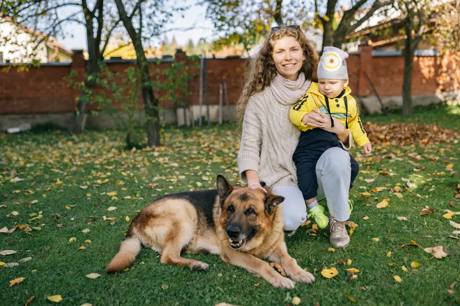 Mother and child sitting in an autumn yard with a German Shepherd lying calmly beside them